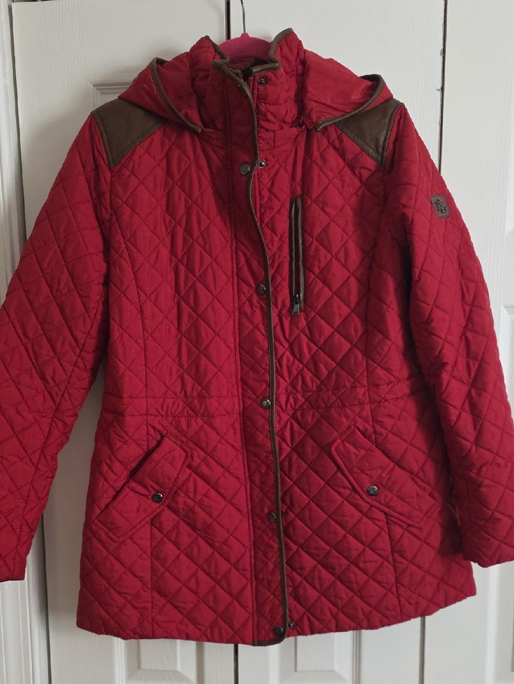 Polo by Ralph Lauren Red Quilted Hooded Jacket with Brown Trim